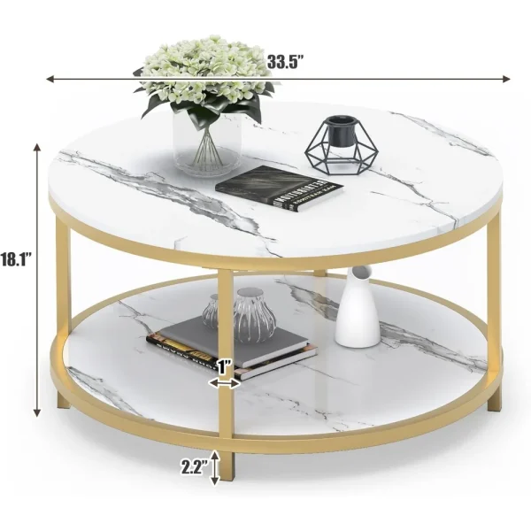 Round Coffee Table 33.5"  White Faux marble Table Top, Sturdy Gold Metal