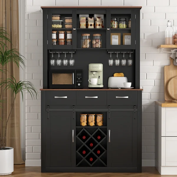 VOWNER 72" Tall Farmhouse Bar Cabinet with Sliding Barn Doors, Wine Glass Racks