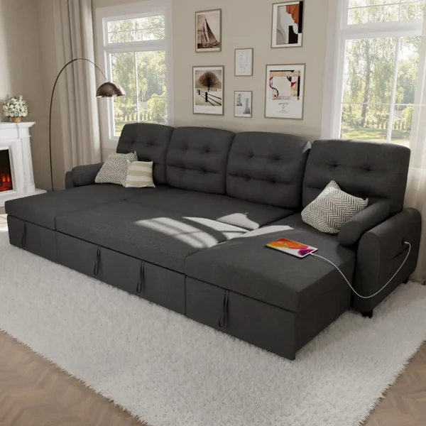 Sectional Sofa Couch, 87" Sleeper Sofa Bed with Reversible Storage Chaise Pull Out Couch