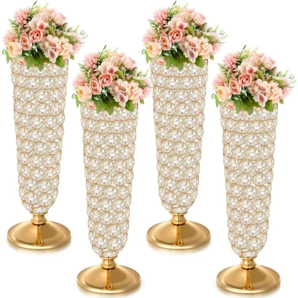 4 Pcs Crystal Trumpet Flower Vase, 12 Inch Tall Wrought Iron Crystal Vase Flower Stand Centerpieces