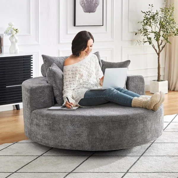 55" W Oversized Round Swivel Accent Barrel Chair, Chenille Chaise Lounge Chair