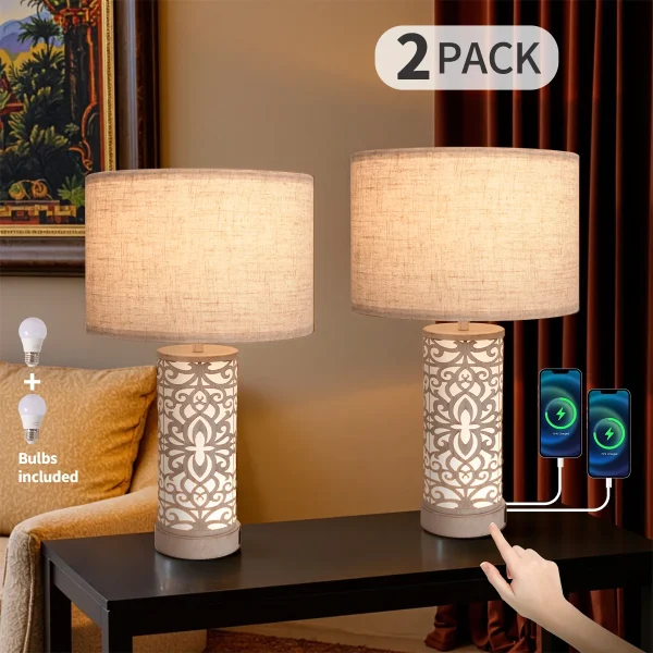 Retro Farmhouse Table Lamp, Dimmable, 2 USB Ports
