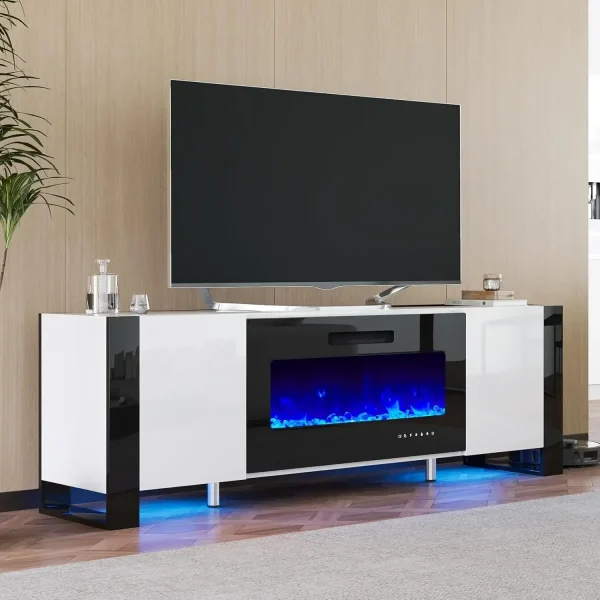 Fireplace TV Stand with 36" Fireplace, 70" High Gloss Finish, LED Lights