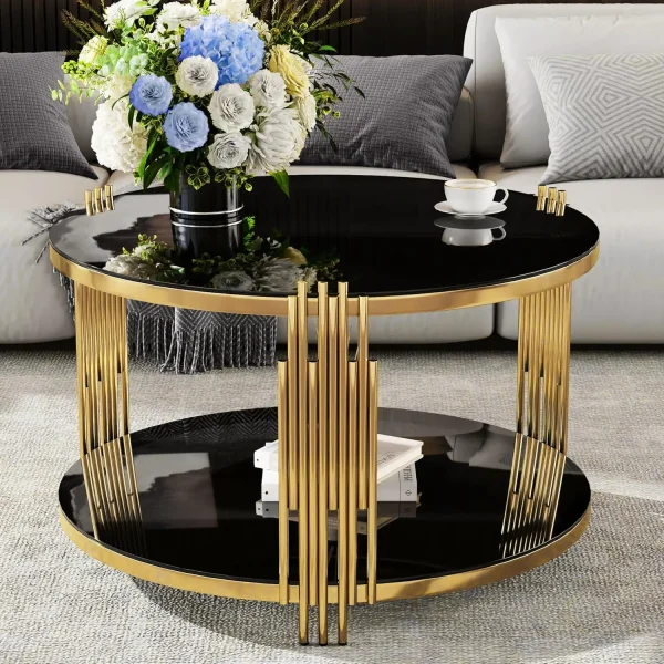 Gold Glass Coffee Table Black Round Living Room Table, Stainless Steel Tempered Glass Top