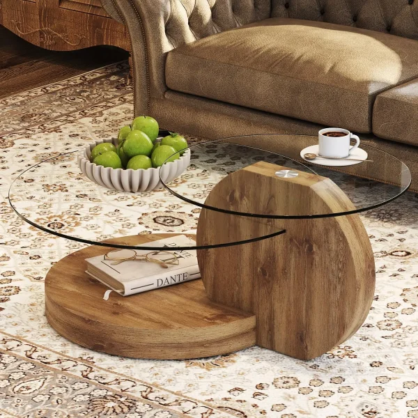 Glass Coffee Tables for Living Room, Round Double Layer Coffee Tables
