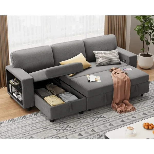 80" Sleeper Sofa, Sofa Bed with Built-in Large Storage and 2 Bookshelves