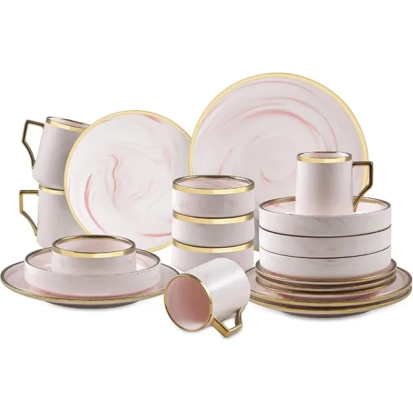 Fine China Artisan Marbled 20pc Dinner Set, Pink with Gold