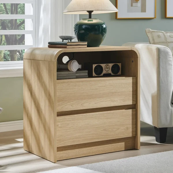 25" Tall Modern Nightstand with Charging Station, 23.6'' Table w/2 Storage Drawers
