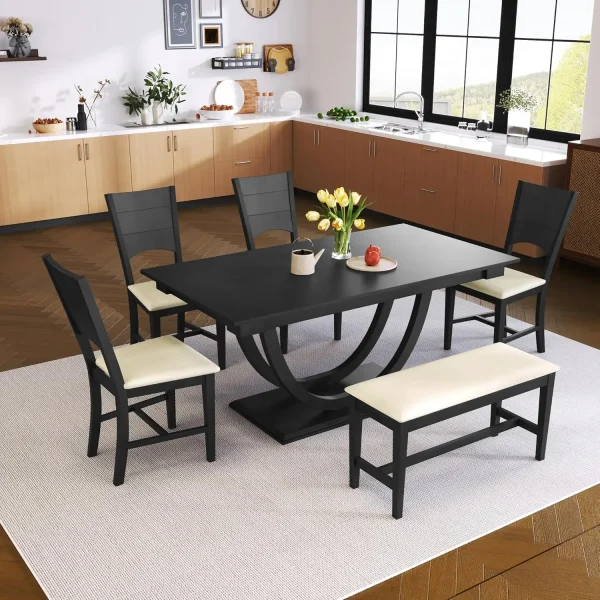 6 Piece Farmhouse Dining Table Set with Bench, 4 Upholstered Chairs Solid Wood Dining