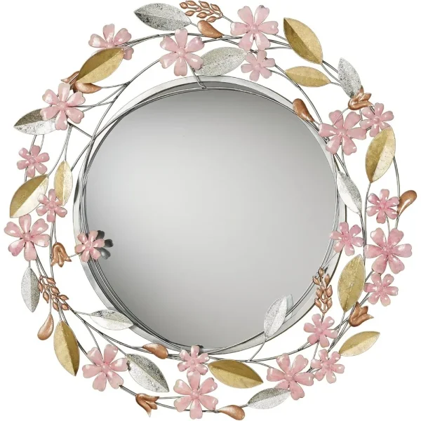 Wildflower Reflections Floral Round Wall Mirror Pink 33" Dia.x2 D